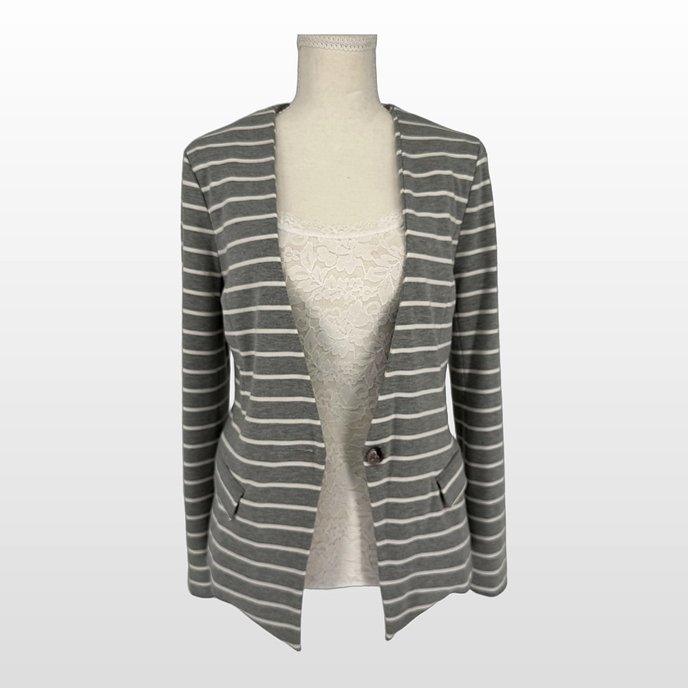Eden Society Blazer Womens Small Gray White Striped Cotton Blend Knit Workwear - Picture 2 of 14